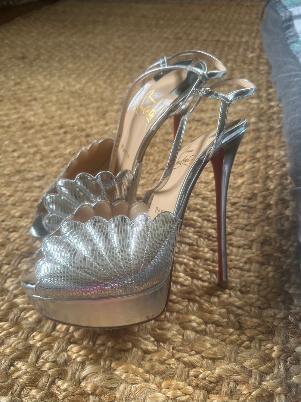 Christian Louboutin Metallic Silver Scallop Platform Slingback Heels